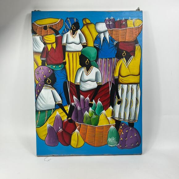 Artisan Other - Andre Grand Turk Signed Caribbean Folk Art Canvas Painting Market Scene 18"x24"
